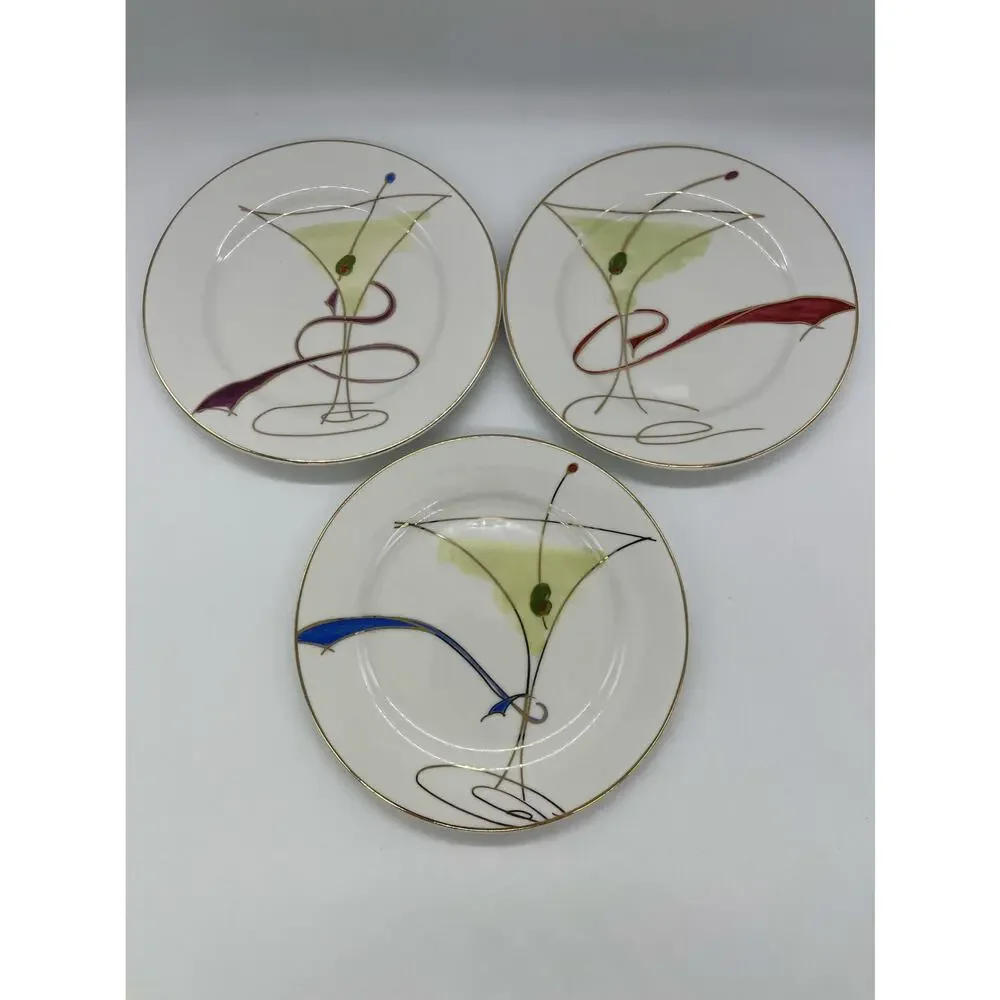 Pier 1 Martini Glass Set of 3 Appetizer / Dessert / Salad Plates Porcelain 7.5